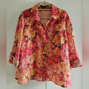 Notations Pink Orange Floral Top Blouse with Bell Sleeves  Notched Collar Size L